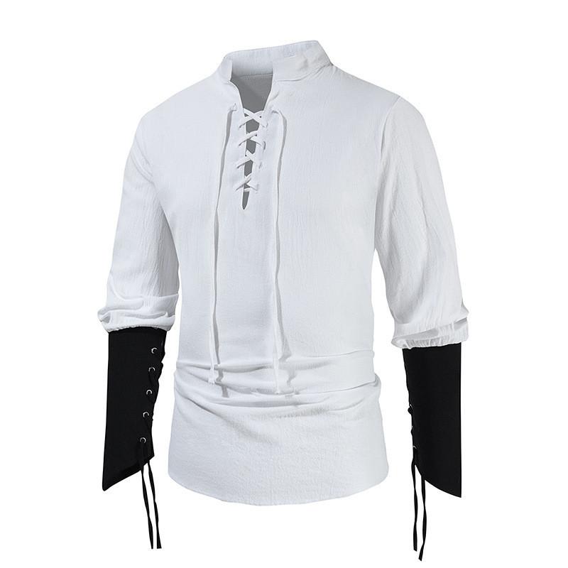 

Sleeve Long Cotton Shirt With Stand Collar Bandage Cuffs For Mens Casual Fashion M белый
