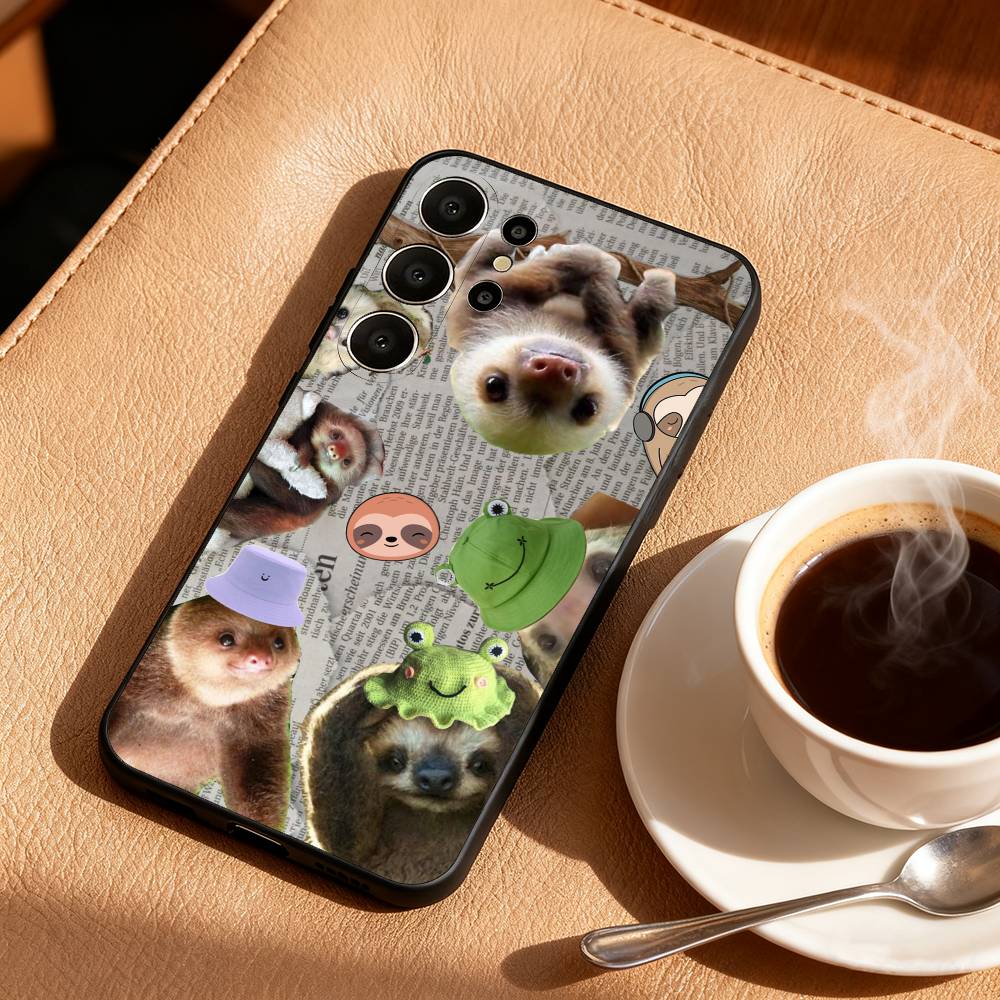 Cute Lazy Sloth Cozy Phone Case For Samsung S26,S25,24,23,22,30,21,10,9,Ultra,Plus,Lite,FE Soft Black Case