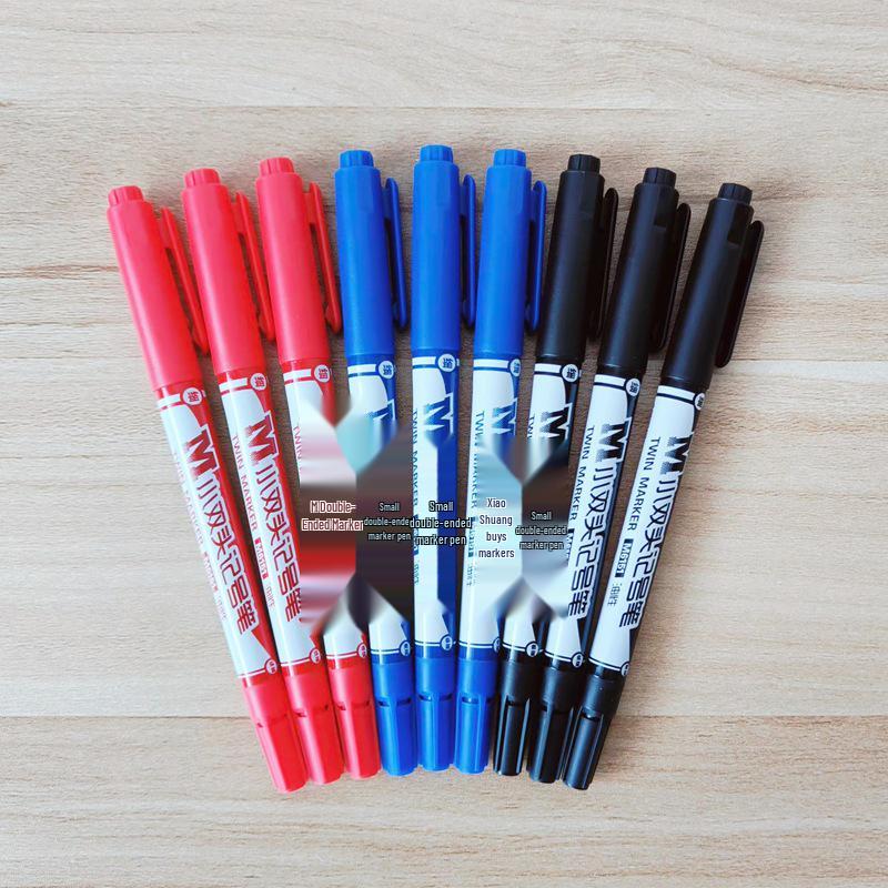 12-Piece Set: Small Double-Ended Oil-Based Marker Pens in Black, Red, and Blue for Student Art and Marking