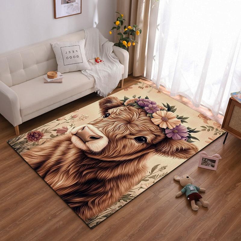 Cow Portrait with Flower Crown Rug – Non-slip rug suitable for living room and bedroom sofas.