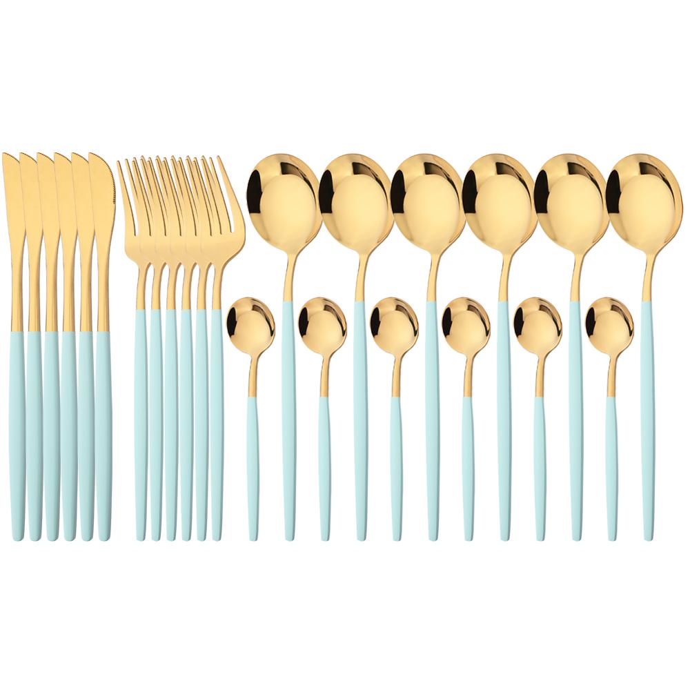 24pcs Blue Silver Dinnerware Set Dinner Knife Fork Tea Spoon Cutlery Set Stainless Steel Tableware Western Home Kitchen Flatware