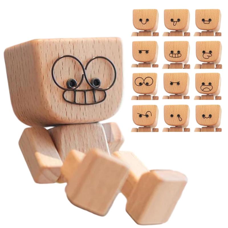 Creative Abstract Wooden Bobble Head Doll With 12 Replacement Expressions Unique Car Decoration Home Desktop Ornaments