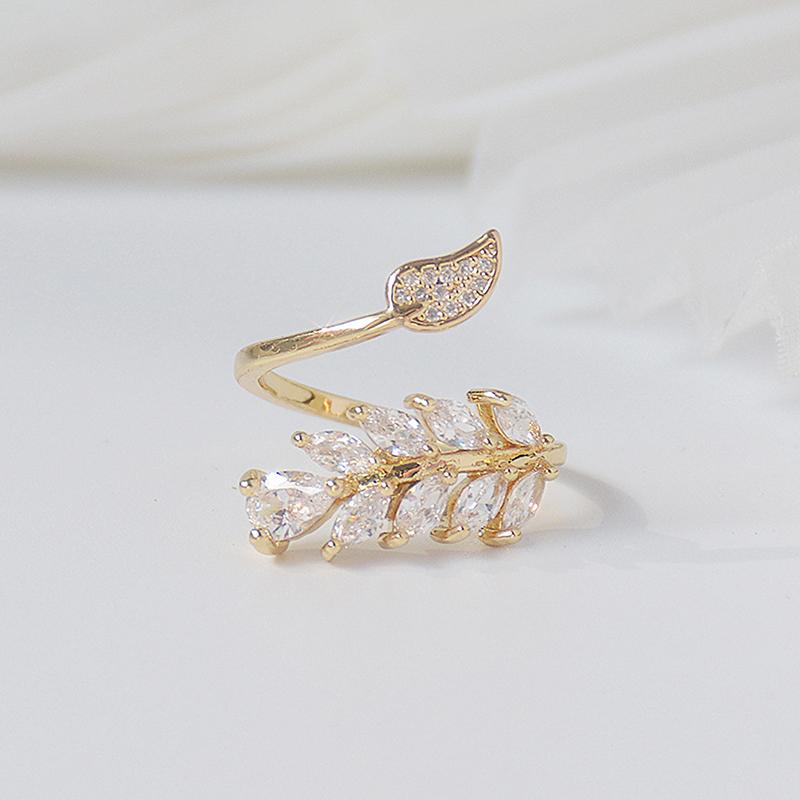 14K Real Gold Full CZ Leave Ring for Women Adjustable Open Design AAA Zircon Delicate Daily Jewelry Pendant