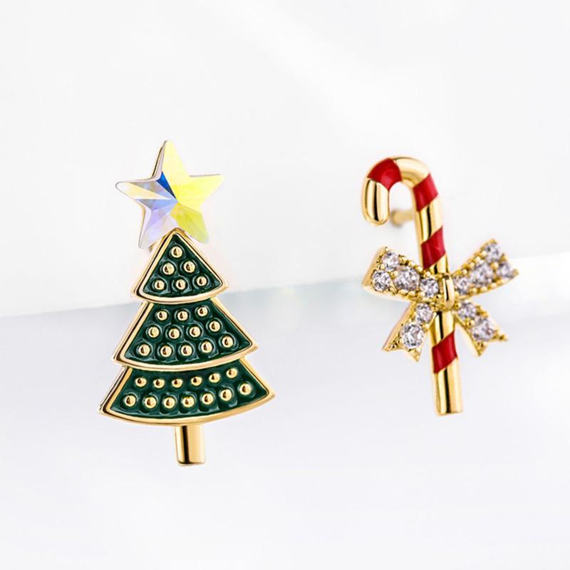 Fashion Asymmetric Snowflake Christmas Tree Candy Cane Stud Earrings For Women