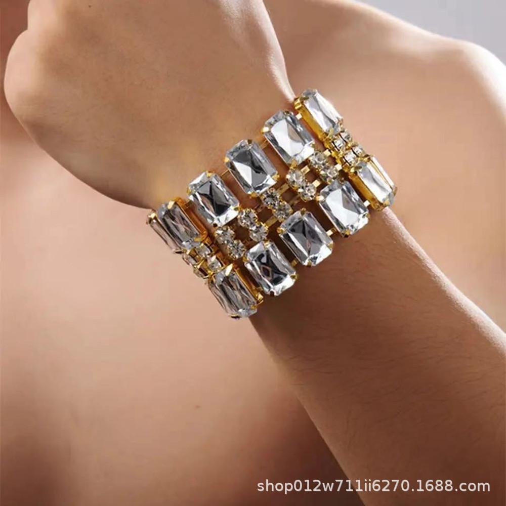 Exquisite Double Row Square Rhinestone Wedding Bracelet Bangle