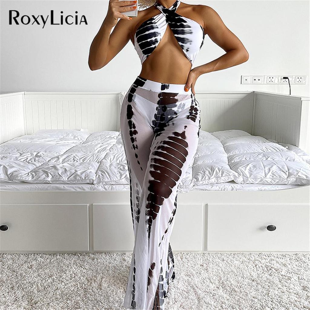 Halter Printed With Beach Pants Bikini Women Swimwear Female Swimsuit Three-pieces Bikini Set Bather Bathing Suit Swim