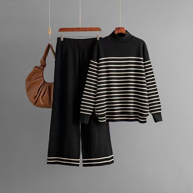 

Fashion Stripes Slit Knitting Sweater Pants Two-piece Set Knited Sweater and Pants Set Black All yards