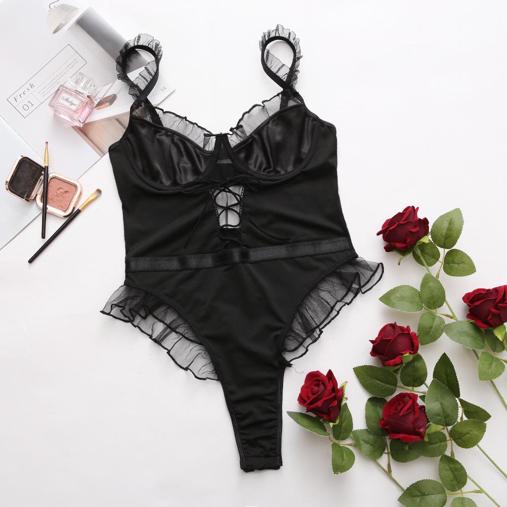 European and American Black Lace Floral Backless Bodysuit - Sexy Lingerie with Straps