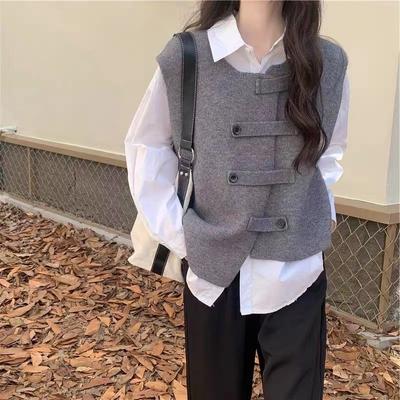 Spring and Autumn Outside Overlapping Wear Cardigan Camisole Temperament Literary Style Niche Design Irregular Knitted Waistcoat Vest Woman