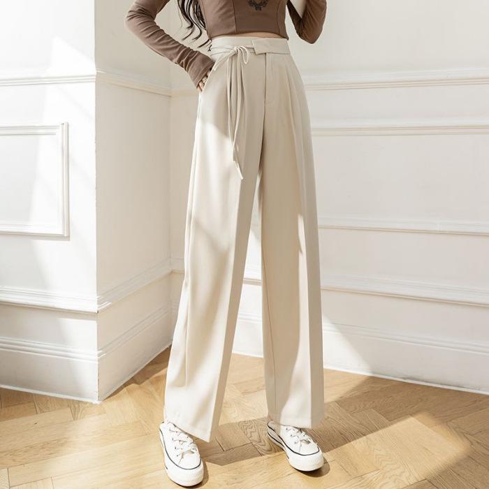 

Women s High-Waist Solid Color Wide-Leg Pants with Drawstring and Pockets M