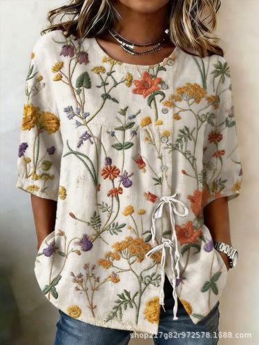 European and American summer new women's tops, shirts, geometric printing buttons, drawstrings, half-sleeved tops, T-shirts, women's clothing