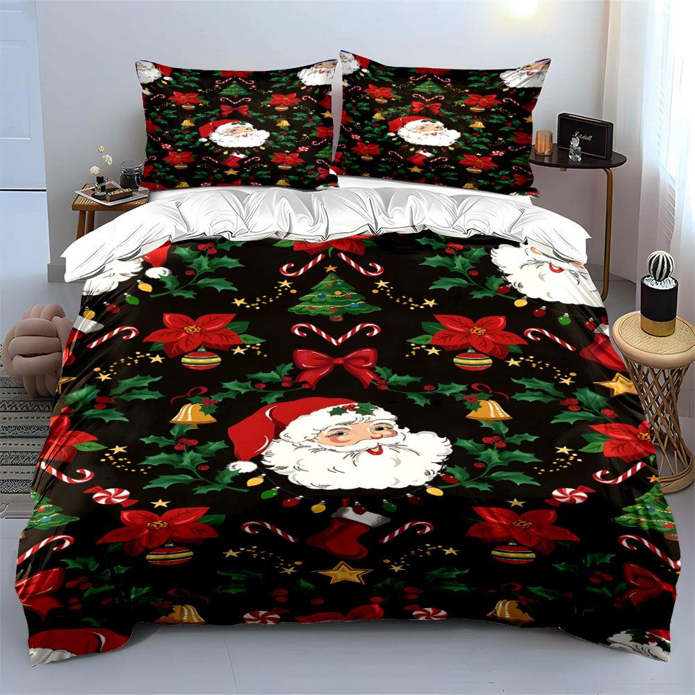 Christmas Santa and Holly Pattern Bedding Duvet Cover Set Duvet Cover Pillowcases  (1*Duvet Cover 2*Pillowcases, Without Duvet Insert)