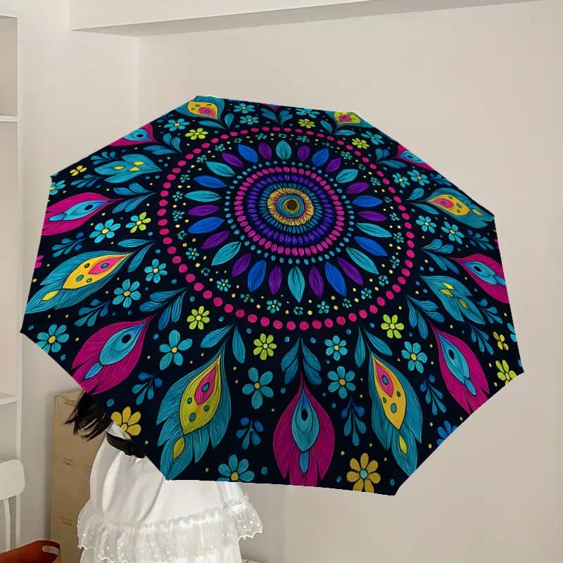 1pc Colorful Floral Mandala Pattern Umbrella with Plastic Handle,Suitable for All Seasons Home Travel Outdoor UmbrellaDD1328