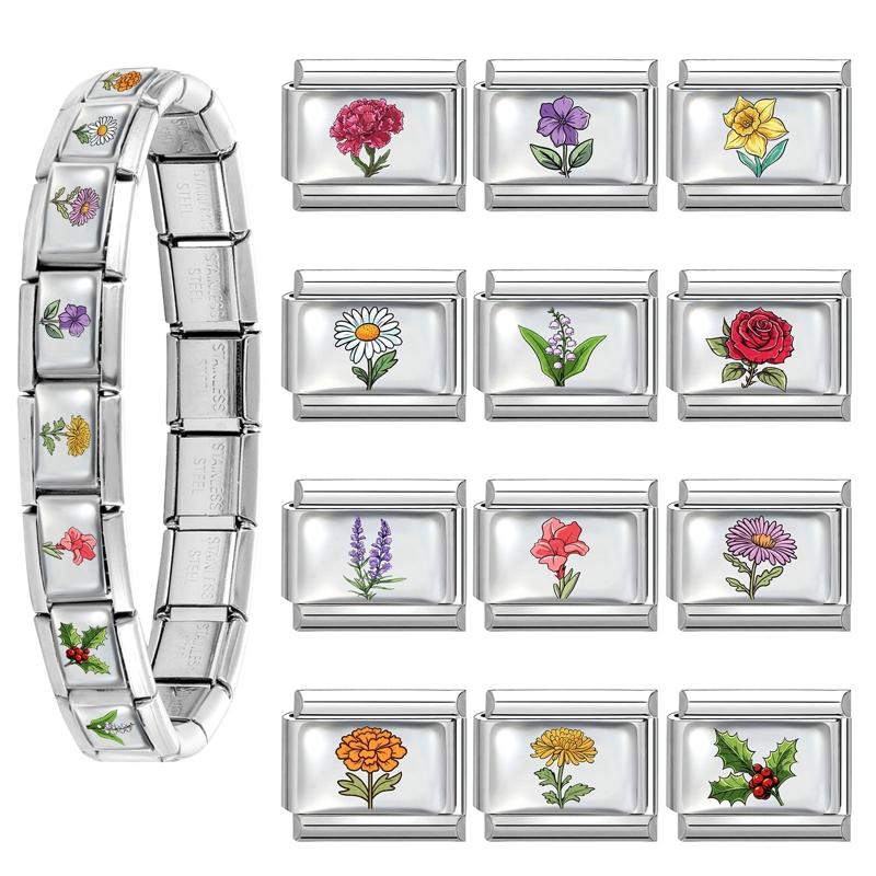 Fashion Violet Rose Daisy Sunflower Lavender Flowers Italian Beads Fit 9mm Stainless Steel Bracelet Making DIY Charm Jewelry