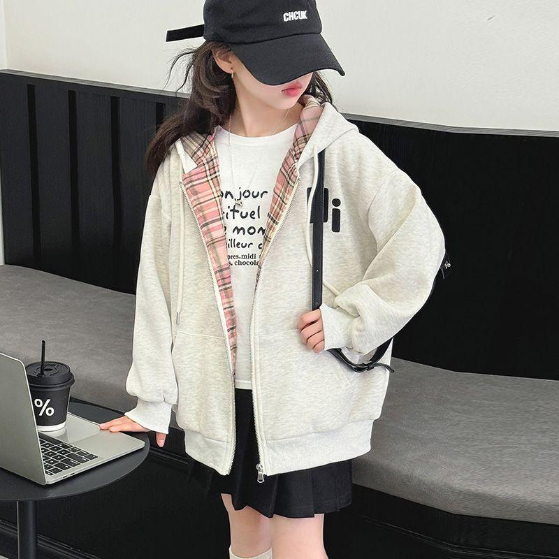 Girls' Autumn Hooded Plaid Jacket, Big Children's Korean Style Long-sleeved Zipper Cardigan Top Trend