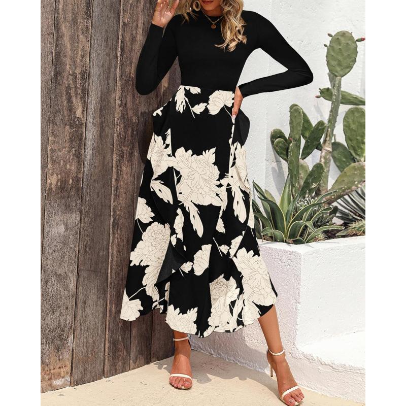 Women's Floral Print A-Line Dress Long Sleeve Crew Neck Midi Dress