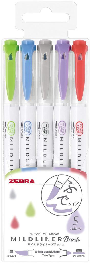 Zebra Mild Liner Brush Mild Highlighter, Shades, 5-Color Set, WFT8-5C-NC
