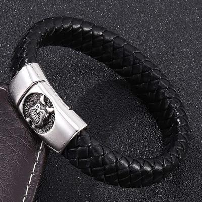 Men Bracelet Black Genuine Leather Stainless Steel Buckle High Quality Owl Punk Jewelry Gifts