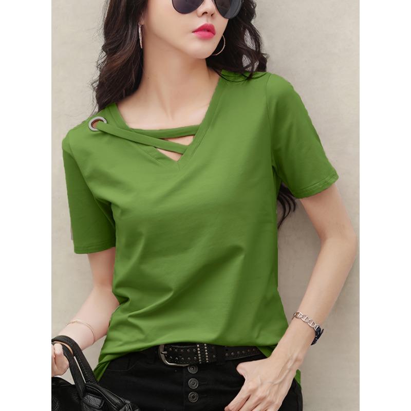Women's Casual Fashion V-Neck Top Summer White T-shirt
