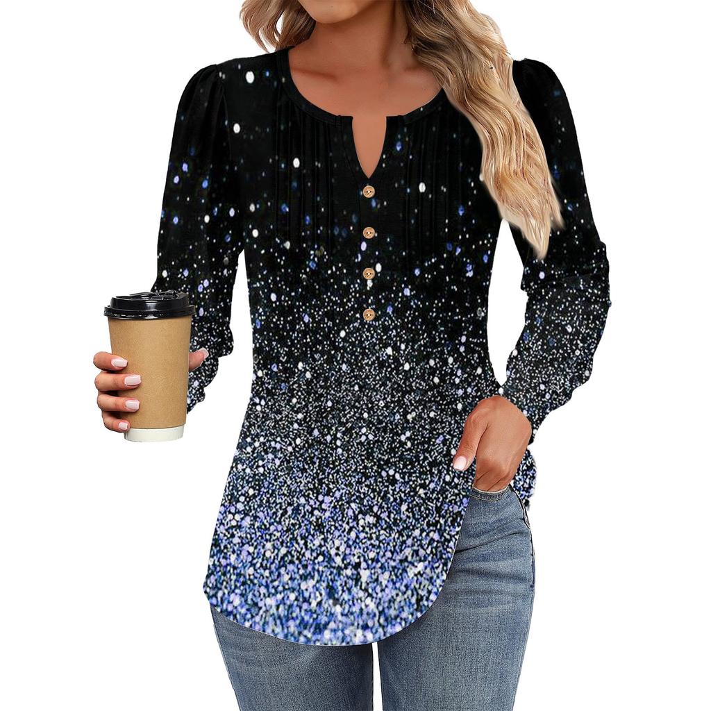 Top tricou cu mânecă lungă, cu mânecă lungă, cu nasturi decorative, cu gât rotund, pliat