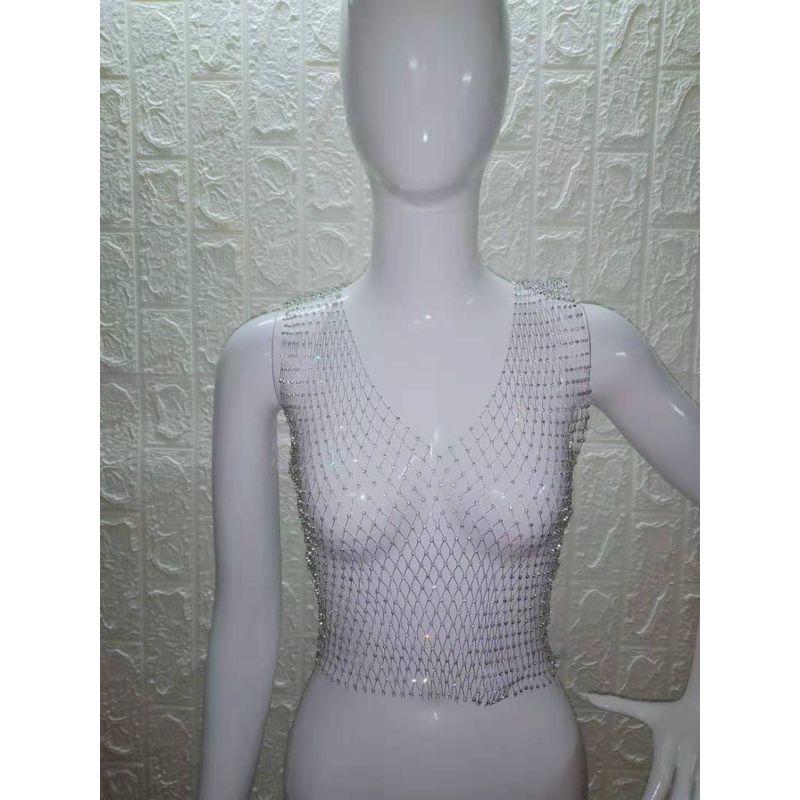Mesh Rhinestone Top Sleeveless Vest V Neck T-shirt