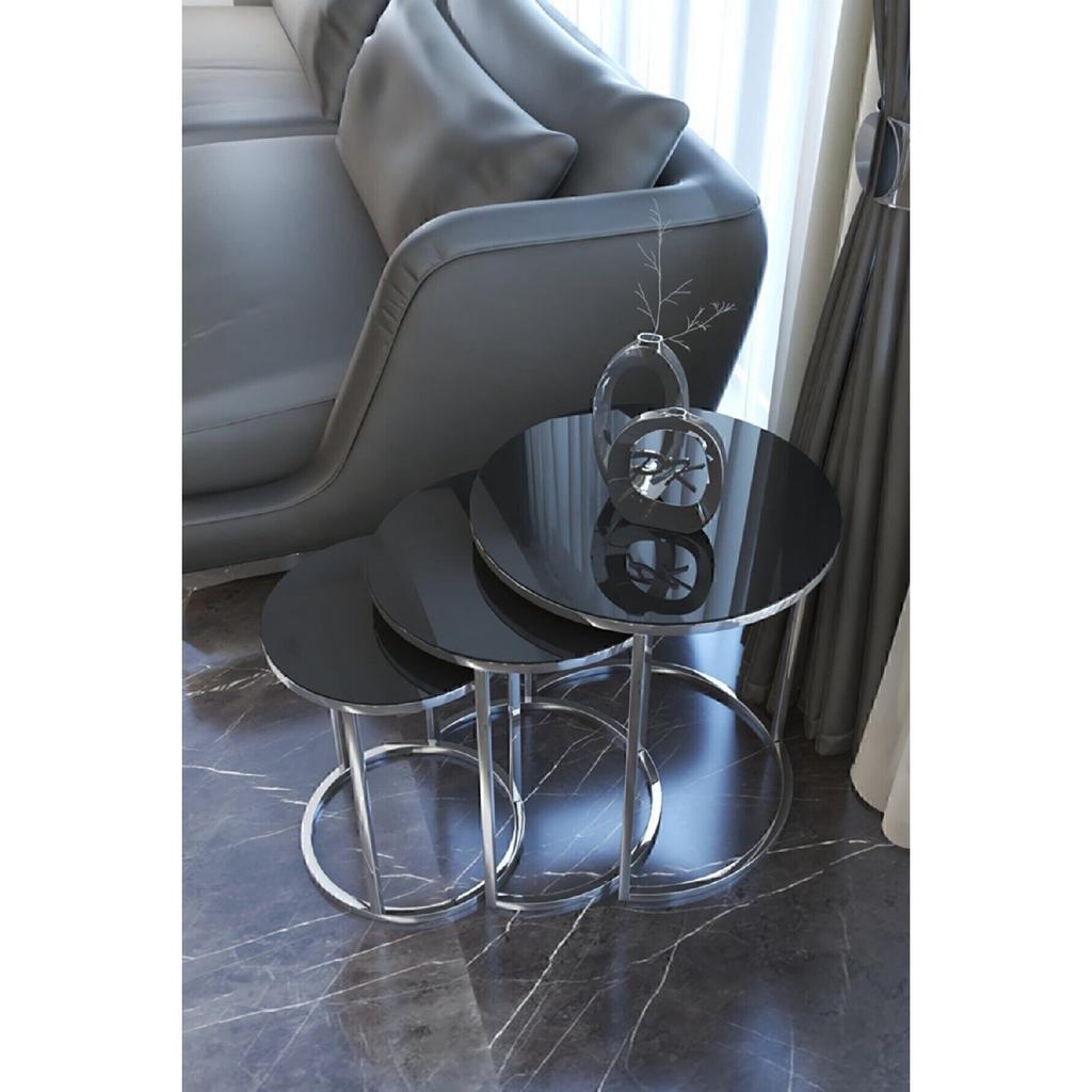 Silver Nesting Table With Black Unbreakable Mirror Glass