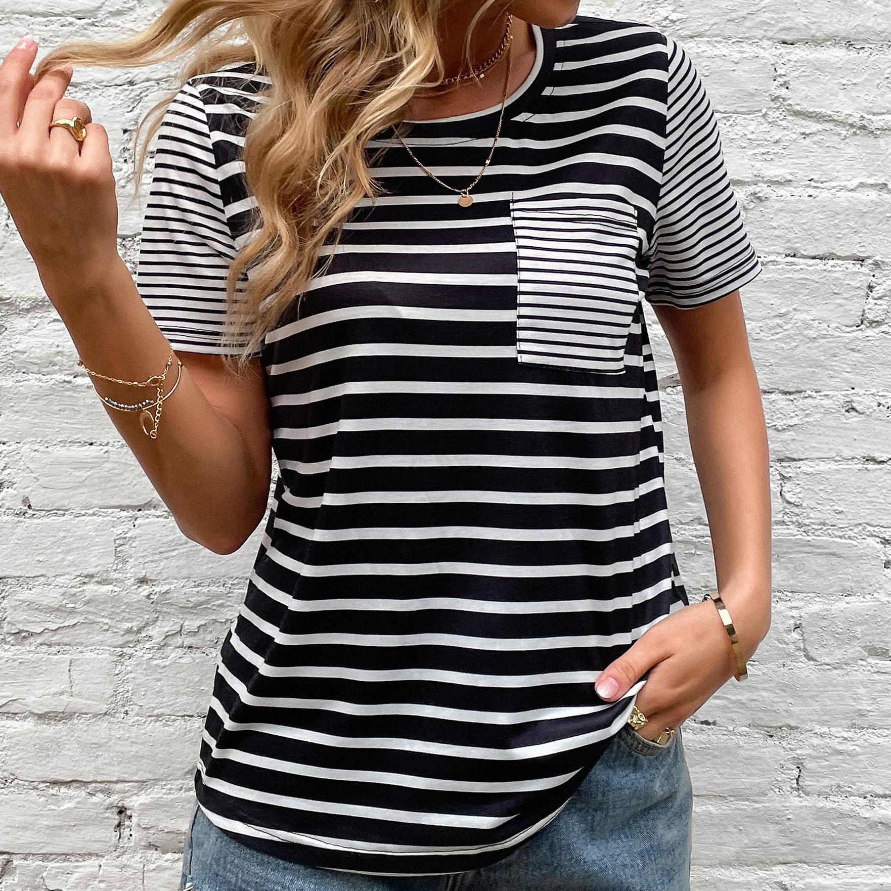 

Женские модные повседневные футболки и топы с короткими рукавами и круглым вырезом YYFS в полоску с принтом XL чёрный