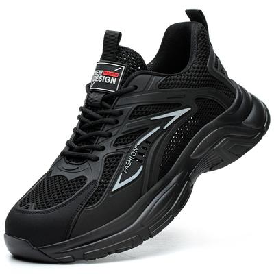 Men Summer Breathable Mesh Safety Shoes Lightweight Black Steel Toe Anti Slip Work Sneakers