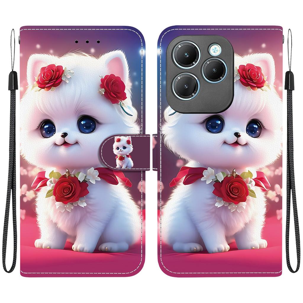 Handmade PU Leather Flip Case for Infinix Hot 40 / Hot 40 Pro Anti-Slip Shockproof Cover with Wrist Strap & Heart/Rose Cat Designs