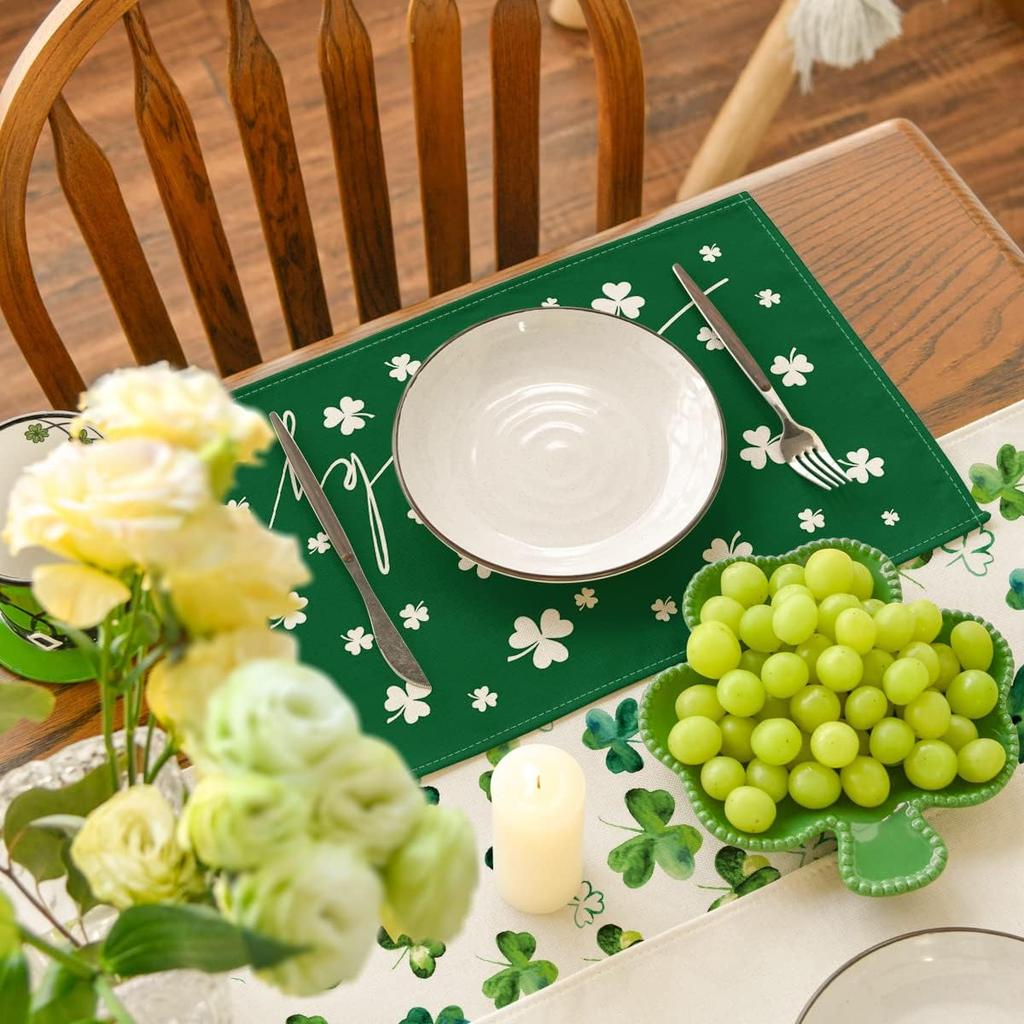 Green Lucky Shamrock St. Patrick's Day Placemats Set of 4, 12x18 Inch Seasonal Spring Table Mats for Party Kitchen Dining Decoration