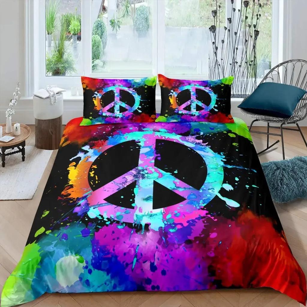 Buntes Friedenssymbol Bettbezug-Set Queen-Size Boho Hippie Psychedelische Blumen Bettwäscheset Regenbogen Batik Deckenbezug-Set