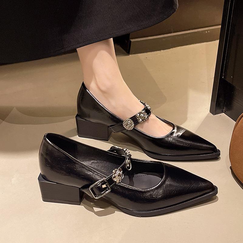 

2026 New with Metal Bule Pointed Toe Thi Heel Commuter Single for Women Retro 35 чёрный