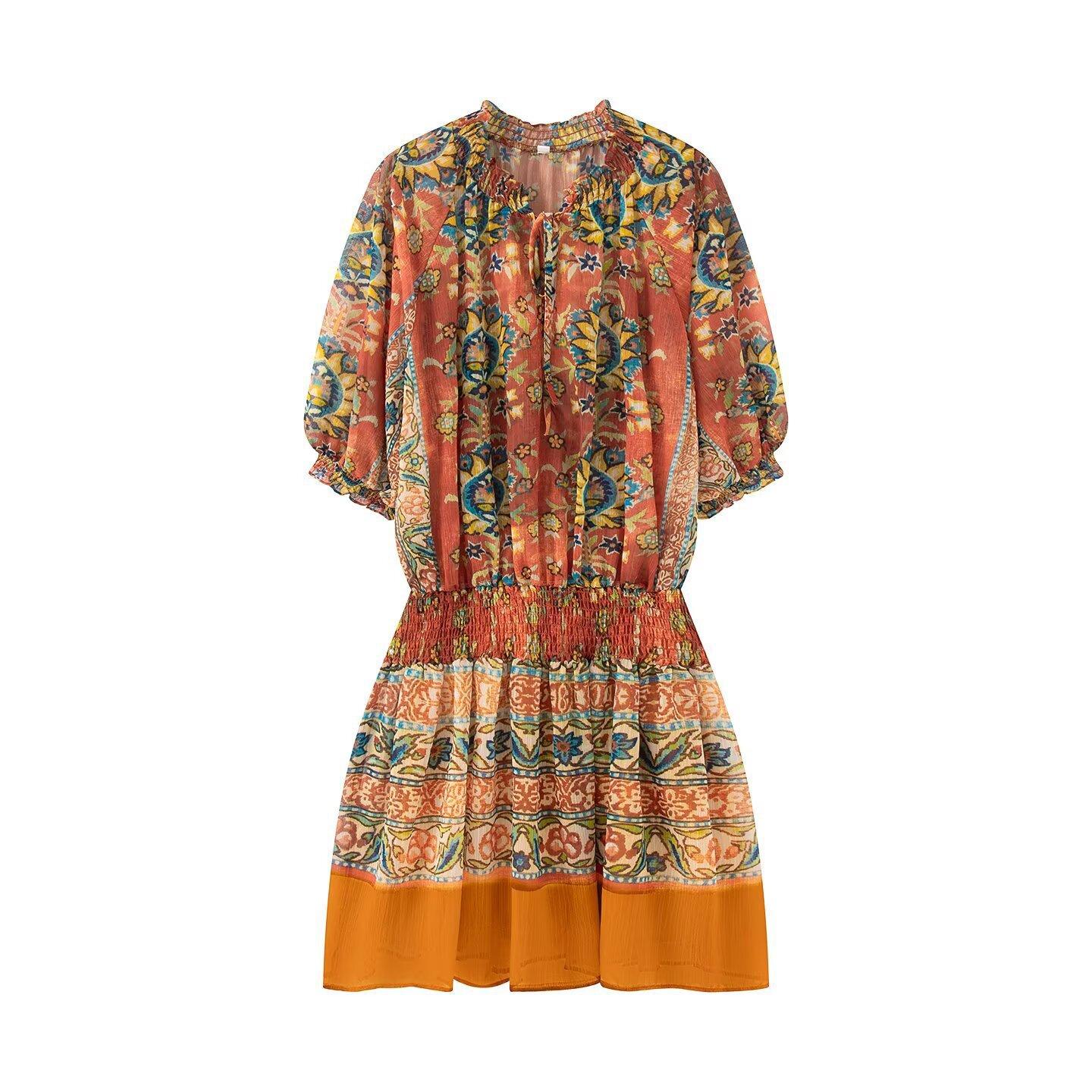 European and American women s clothing popular fashion large silhouette ethnic style French waist dress XS