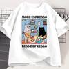 Więcej Espresso Mniej Depresji Czarny Kot Koszulka Unisex Damska Zabawna Kawa Kot Koszulka Casual Letnia Bawełniana Krótki Rękaw Koszulka Top