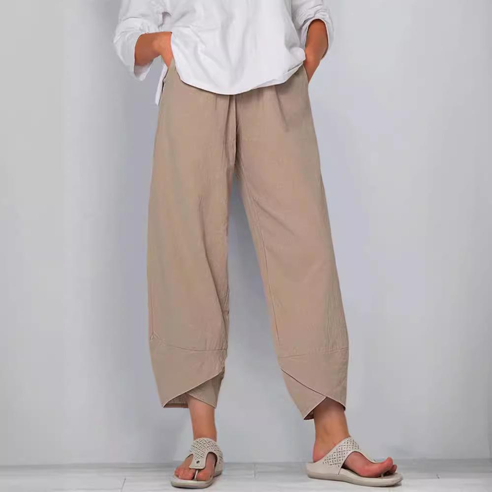 2023 Women's Wide-Leg Cropped Cotton Linen Pants - Casual, Elastic Waist, Loose Fit