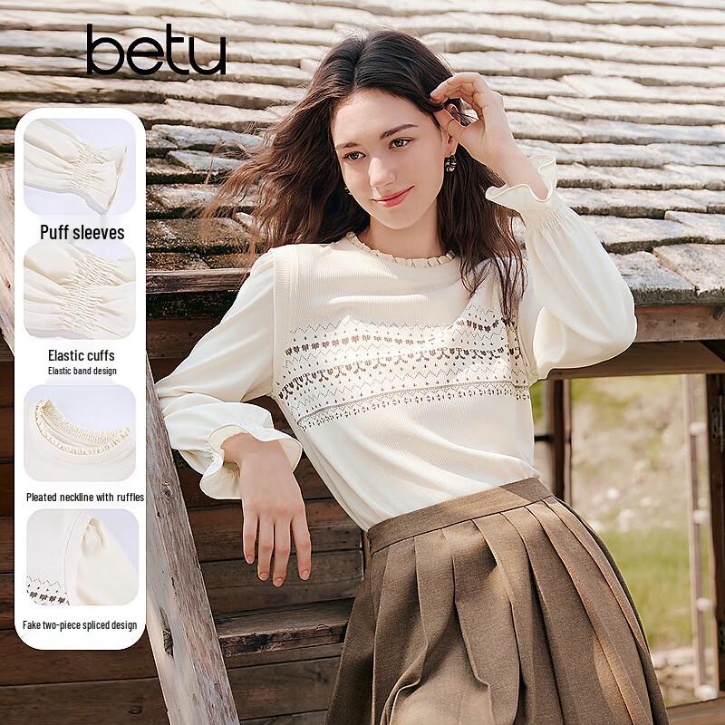 BETU Women s Fair Isle Print Faux Two-Piece Pullover Shirt L