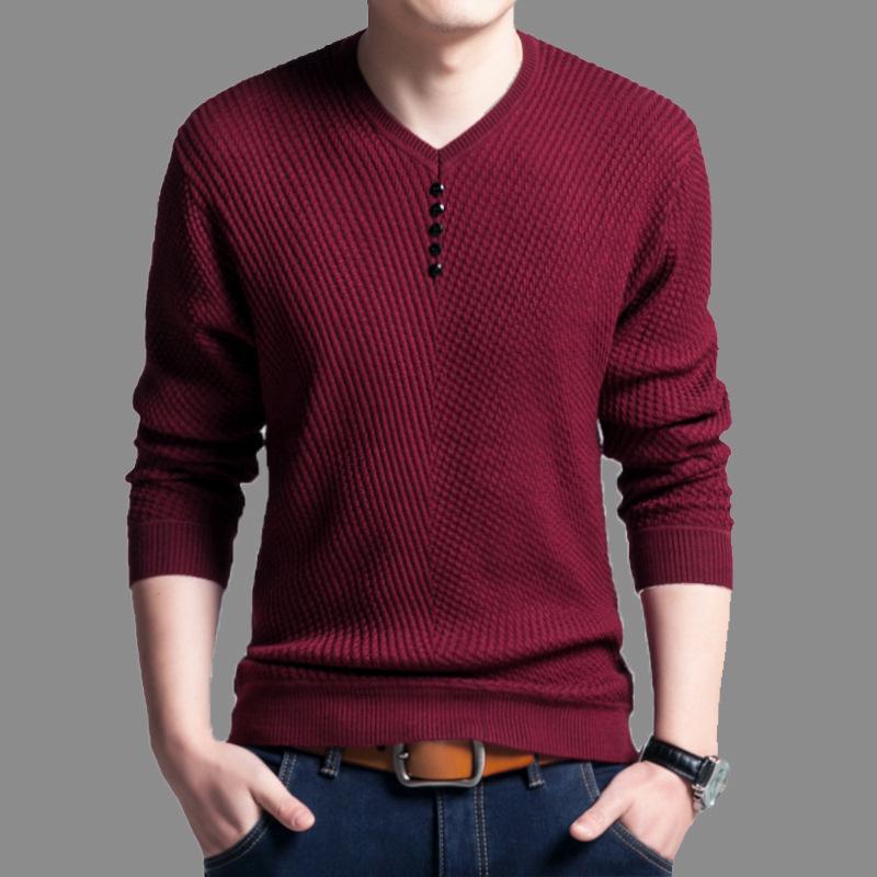 

Casual Youth Fleece Lined Thickened Solid Color Minimalist V - Neck Sweater Fashion Versatile Pullover Base Layer For Men L червоний