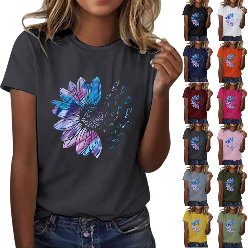 Women's Casual Floral Print Short Sleeved T-shirt With Round Neck  Top