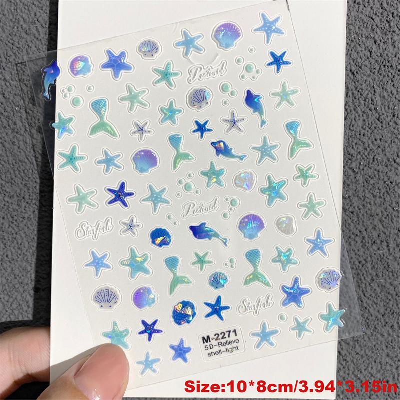 1 Sheet Ocean Shell Jellyfish Nail Stickers Colorful Shell Conch Seastar Adhesive Nail Decal Mermaid Aurora Beach Shell Slider