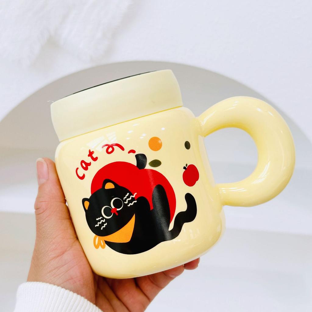 New Birthday Naughty Cat Water Cup Cartoon Ceramic Mug with Lid Spoon Cartoon Drinking Cup Gift Set Gift Box