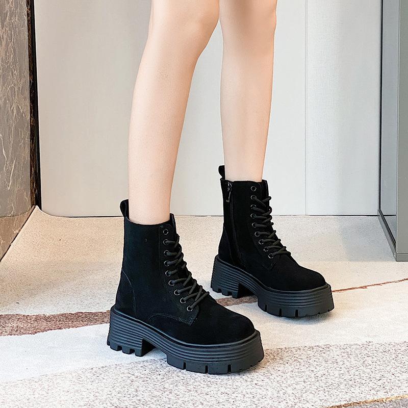 High Heel 6.5cm Martin Boots Women's New Thick Sole Short Boots British Reverse Fleece Leather Fashion Versatile Motorcycle Boots