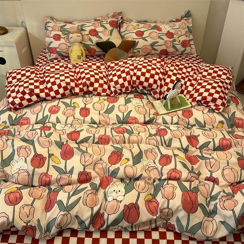 Candy House Cute Girl Heart Washed Cotton Four-piece Dormitory Single Quilt Set Three-piece Sheet Set