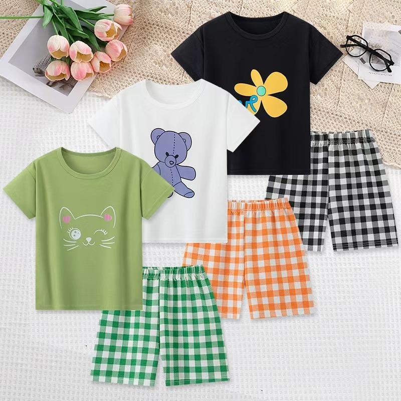 2piece cute cartoon casual sports set for children versatile and comfortable T-shirt for boys and girls colorful checkered short 100