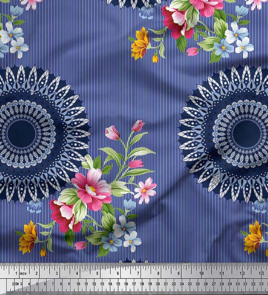 Soimoi Brown Poly Crepe Fabric Stripe|Floral & Mandala Print Sewing Fabric BTY 42 Inch