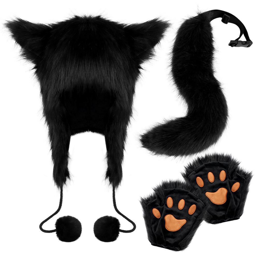 Fur ball hat fox tail plush finger gloves cosplay Beast Tail Prop Set