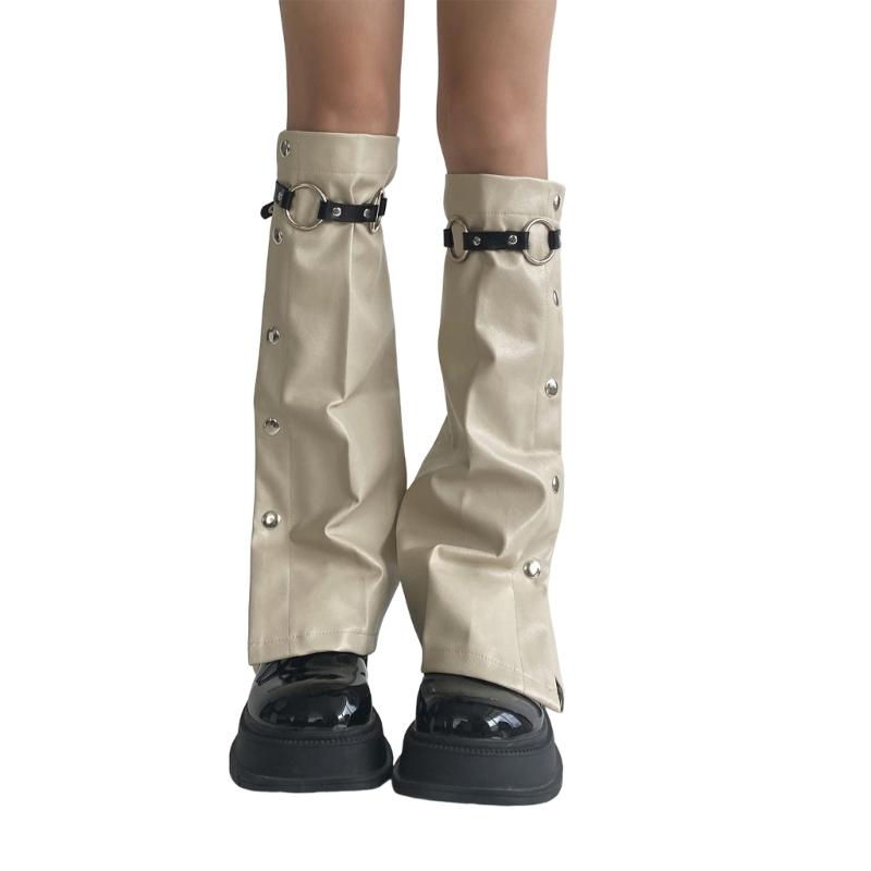 Women Punk Buckle Leather Leg Warmers Harajuku Grunge Leg Socks Side Buttons Wide Baggy Boot Covers Gaiters Streetwear