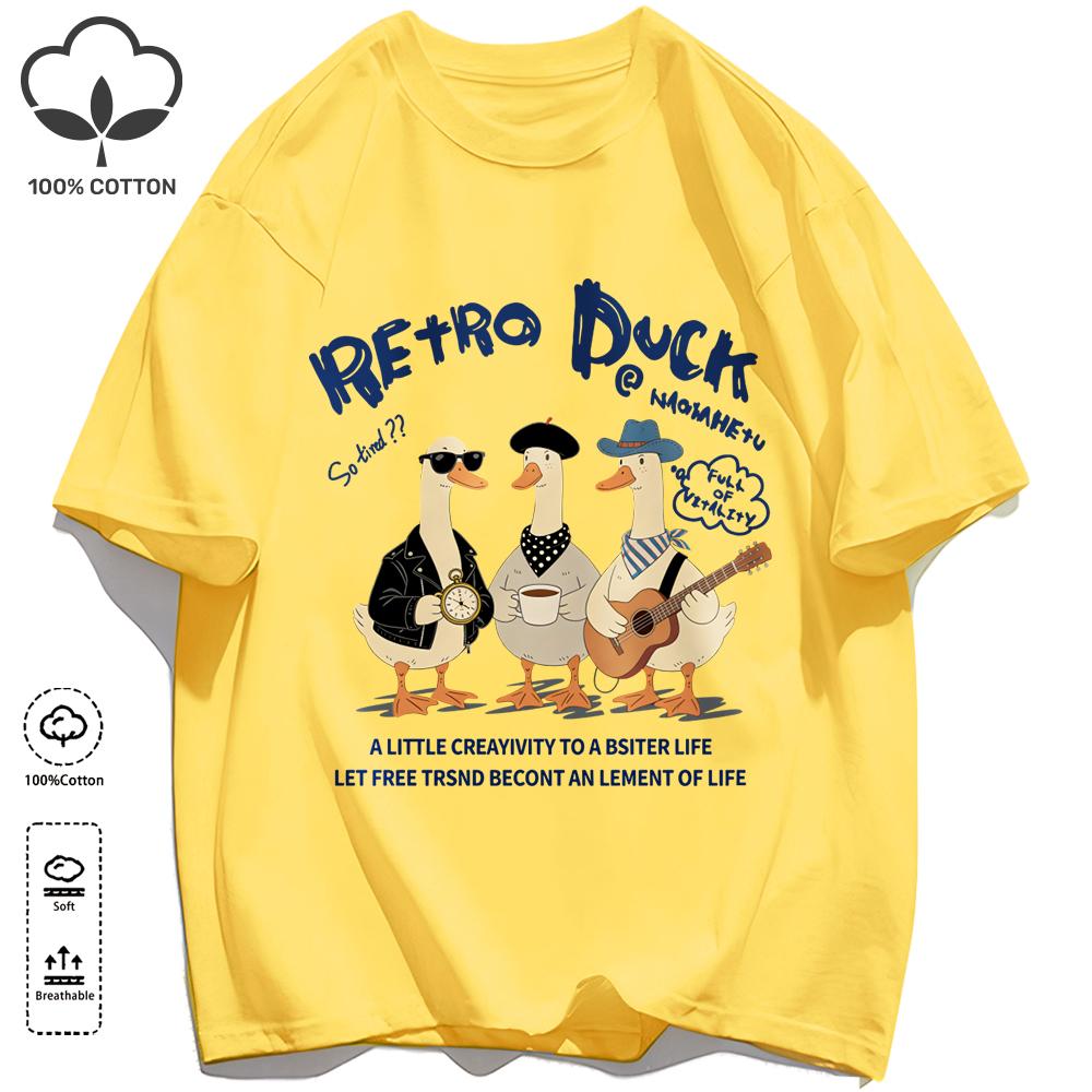 Retro Duck With Free Time T Shirt Unisex Fashion All-Match Basics Streetwear O-Neck Cotton Clothing Unisex Summer Loose Tee