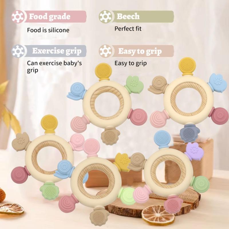 Food Grade Baby Silicone Teether Rudder Shape Wooden Ring Teething Toys BPA Free Infant Chewing Nursing Toy Newborn Gifts