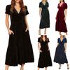 Women's Fashion Solid-Colour Velvet Vintage Banquet Holiday Dress V-Neck Mid-Waist Short-Sleeved Elegant Dress