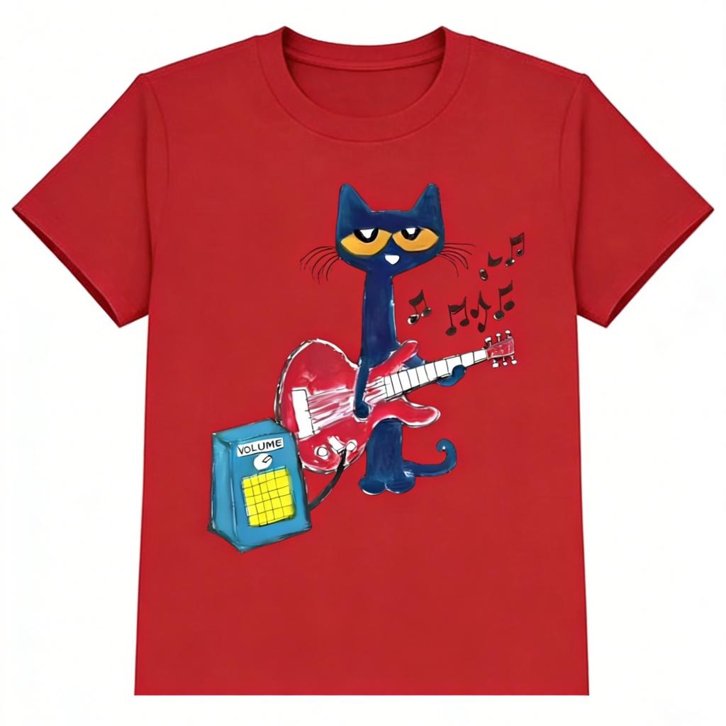 Women Summer Short Sleeve T Shirt Cool Cat Playing Guitar DesignCasual PrintComfortable And VersatileUnisex Style